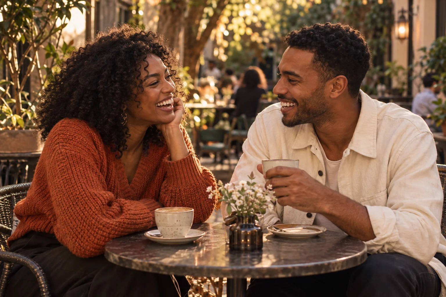 Two people laughing together over coffee in a sunlit café