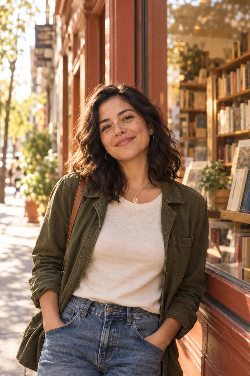 Illustrative portrait of Maya smiling outside a bookshop